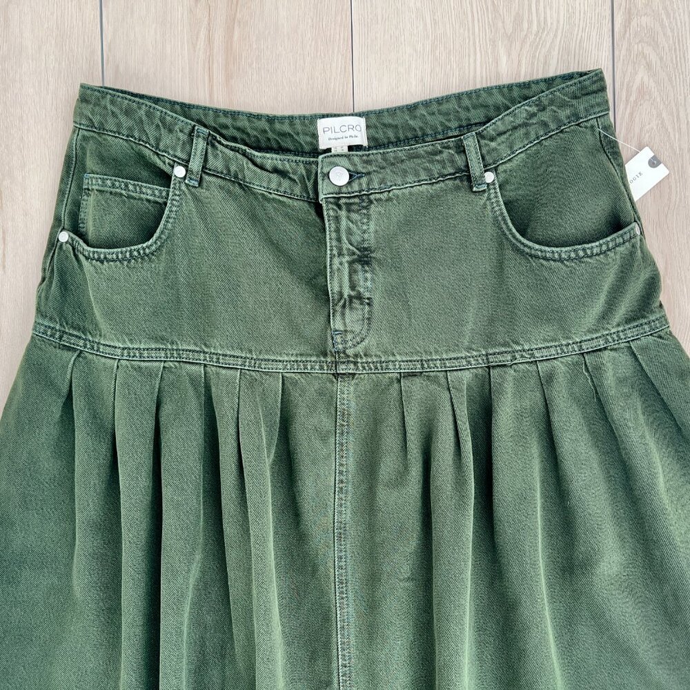 NWT Anthropologie Pilcro Pleated Basque-Waist Olive Green Denim Midi Skirt Sz 16 - Picture 4 of 14